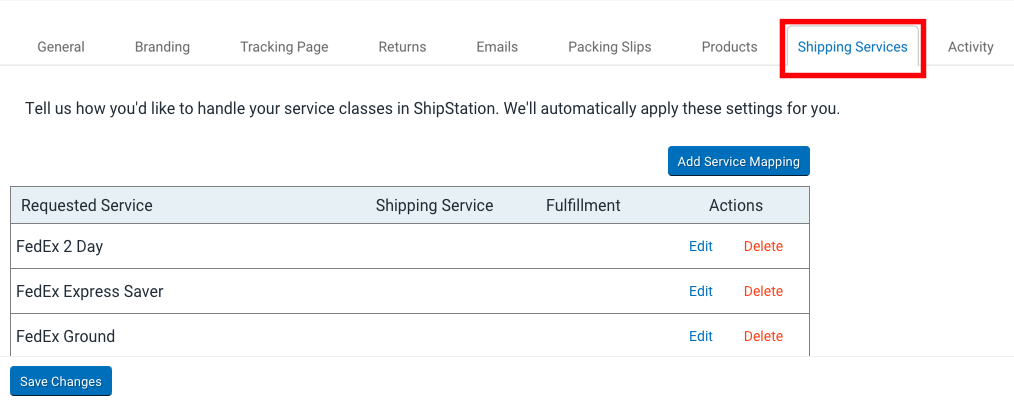 Settings > Store Setup > Edit page with red box that highlights Shipping tab. Lists Store Shipping Services.