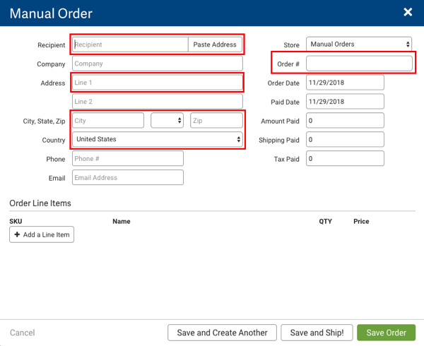 Manual Order pop-up. Red boxes highlight required fields: Recipient, Address, City, state, Zip, Country, & Order number