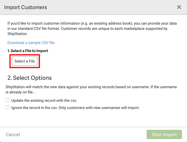 V3 Import customers pop-up with Select a File button highlighted.