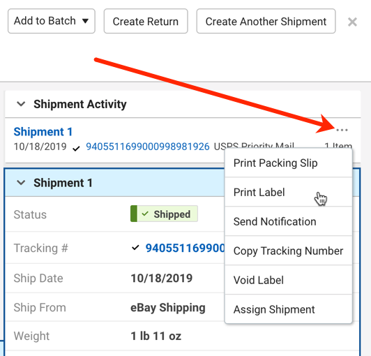 V3 Order Details shipments section, red arrow points to action menu with Print Label option selected