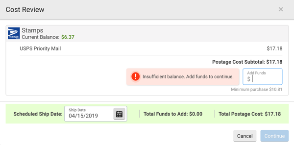 Cost Review pop-up states "Insufficient funds. Add funds to continue." Cursor appears in Add Funds field.