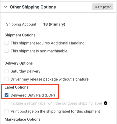 Other shipping options DDP option highlighted