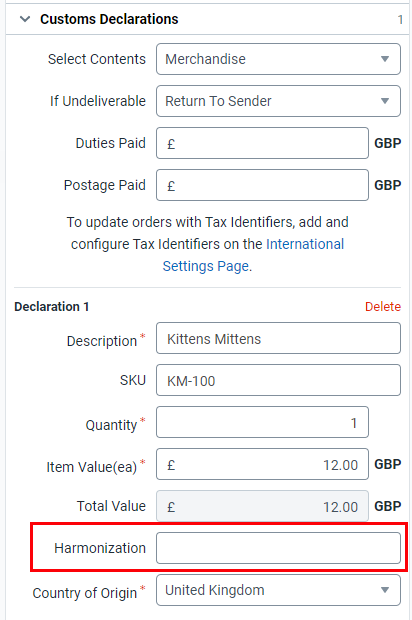 Shipping Sidebar with Customs Declaration section open and the Harmonization field highlighted