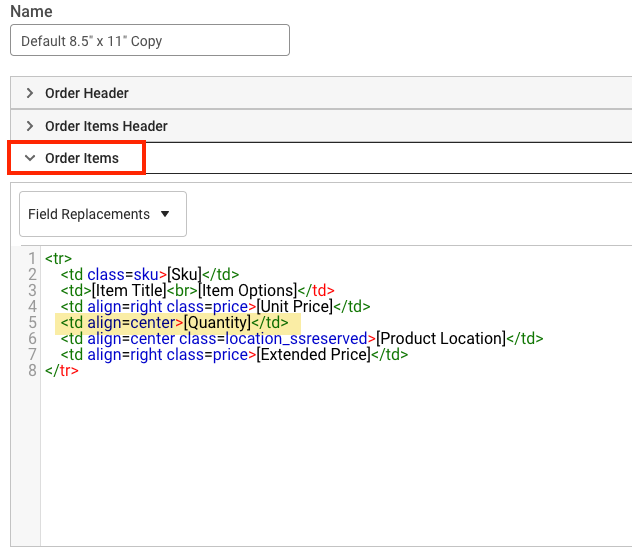 Packing Slip HTML: Order Items section outlined and Item Quantity code highlighted