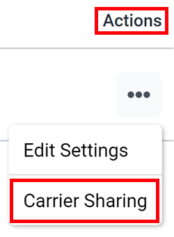 The actions menu is expanded and carrier sharing is selected.