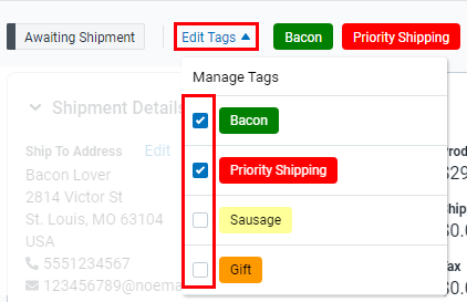 Click Edit Tags and check the box for each tag you wish to apply to the shipment.