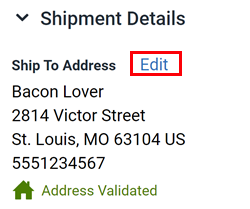 The shipment details show the Ship To Address with Edit marked.