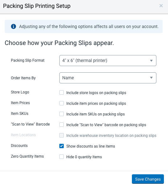 Packing Slip Setup popup. Format, Order Items by, Store Logo, Item Prices, Item SKUs, Scan to View barcode, & Item Locations.
