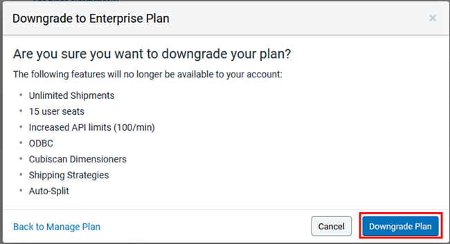 The downgrade plan screen displaying the list of features that will be removed if you confirm the plan change. Click the downgrade plan button to confirm.