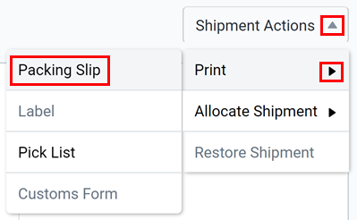 Select shipment actions > print > packing slip on the order details screen.