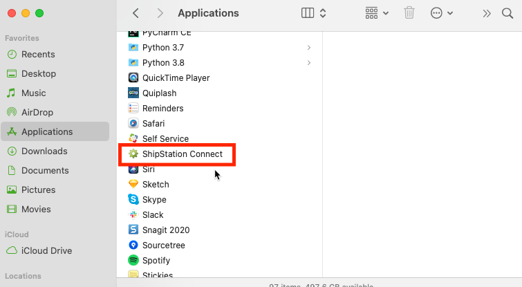 MAC Application folder with ShipStation Connect highlighted.