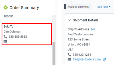 The sold to information is highlighted in the order summary section of the order details screen.