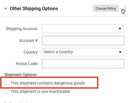 Other shipping options with the option This shipment contains dangerous goods highlighted.