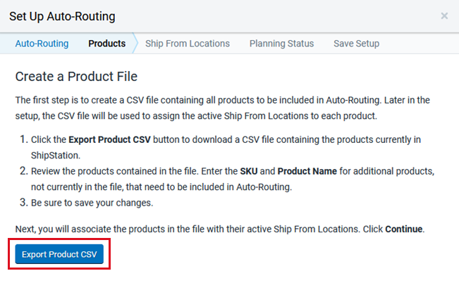 The export product CSV button is highlighted on the Create a Product File screen.