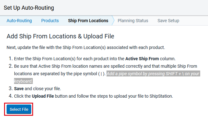The select file button is highlighted in the auto-routing setup wizard.