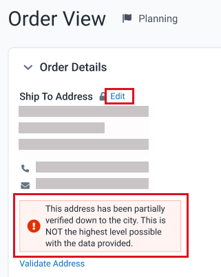 The ship to address is shown with an error indicating an issue with the address. Click the edit link to correct the address.