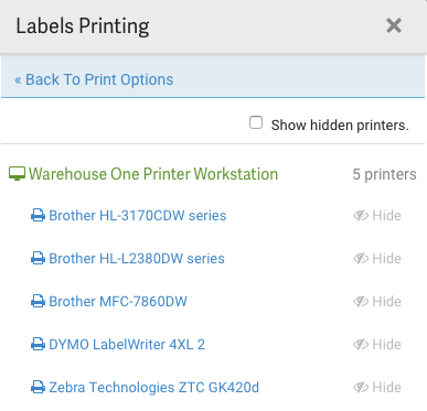 Labels Printing popup. Lists available printers.