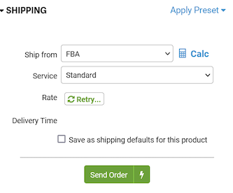 Shipping sidebar with FBA selected as Ship From