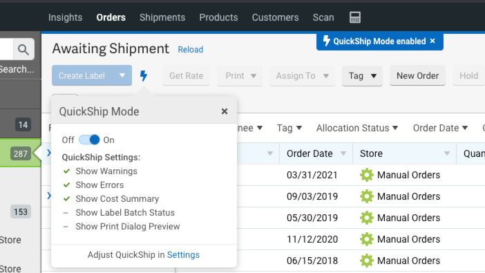 Orders screen with QuickShip Mode enabled and settings visible