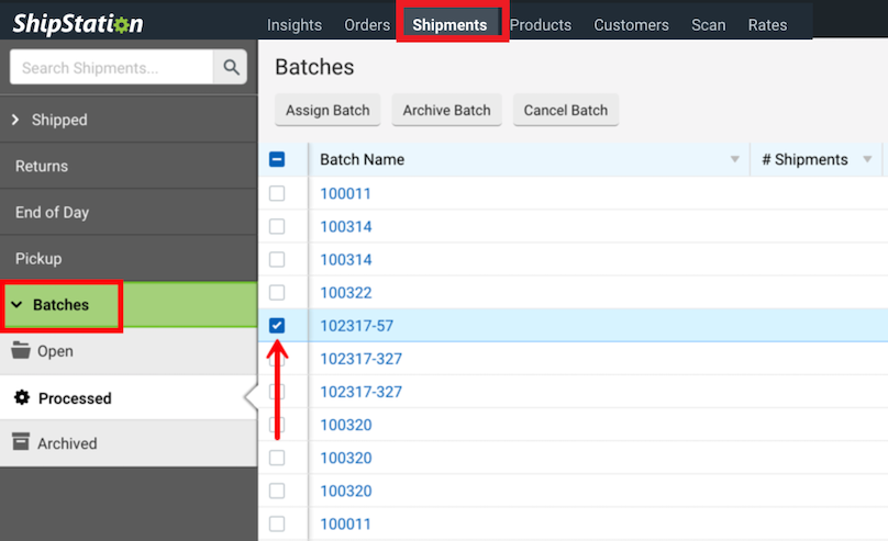 V3 Shipping tab: Boxes highlight Batches in sidebar & Shipments in Toolbar. Red arrow points at batch selection checkbox.