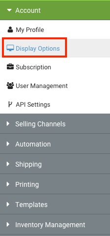 Settings Sidebar, Display Options outlined in the Account Settings section.