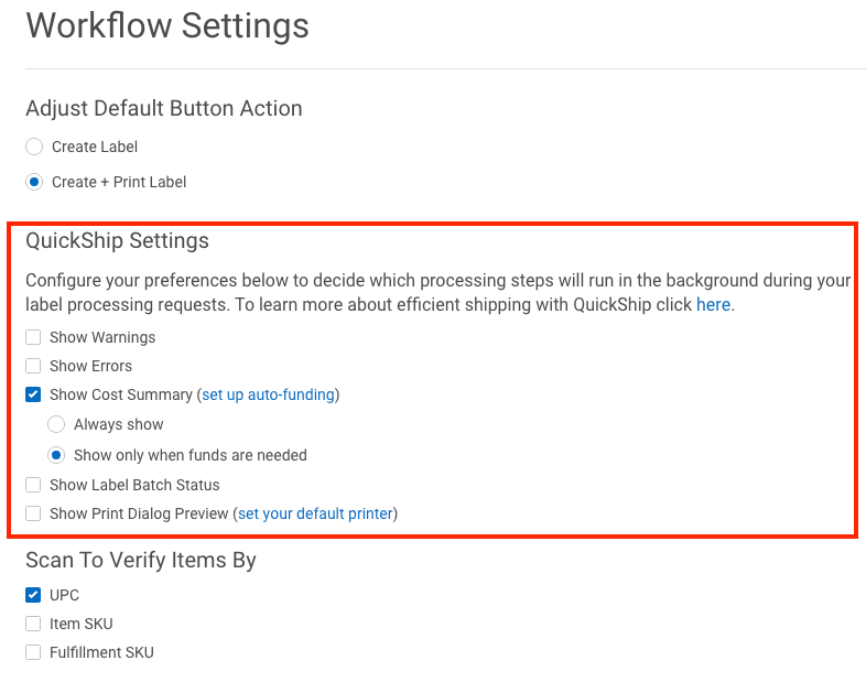 Workflow settings open with the QuickShip settings section highlighted