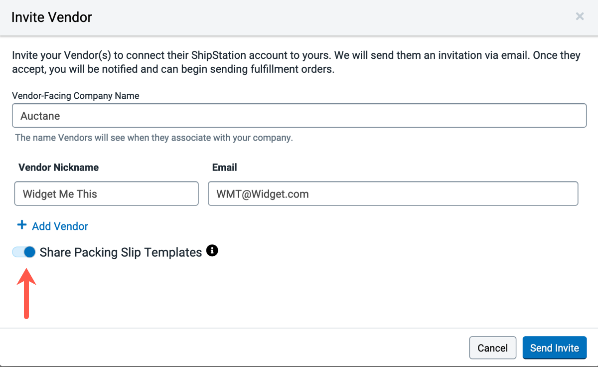 Invite Vendor modal on Fulfillment providers page with Share Packing Slip Templates marked On