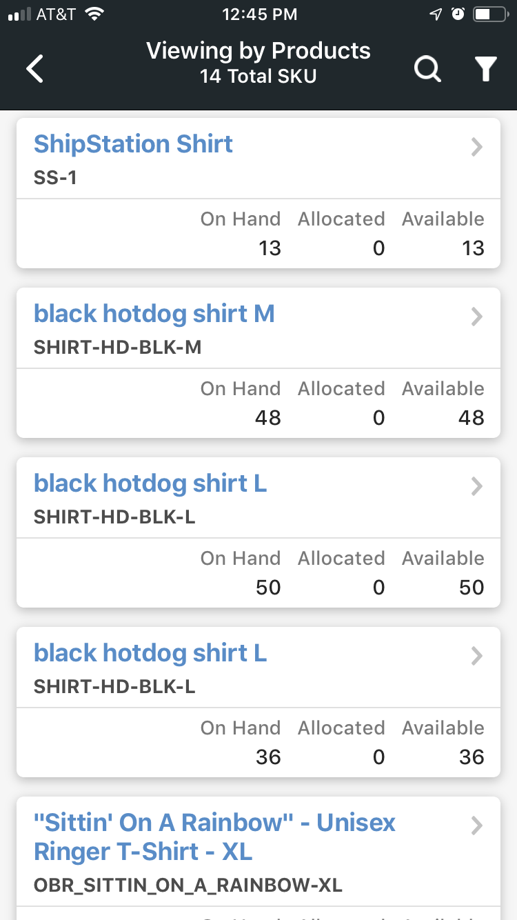 Mobile inventory View by Products menu.