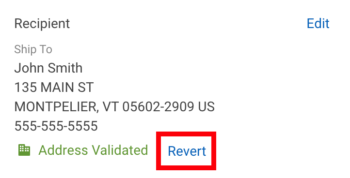 V3 Order details screen, red box highlights Revert to Original option in the Recipient panel