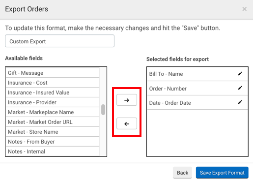 Red box highlights left- and right-facing arrows to move selections between Available Fields & Fields to Export listings.