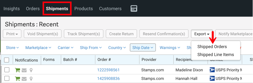 Shipments tab highlighted with arrow pointing to Export drop-down menu options: Shipped Orders and Shipped Line Items.