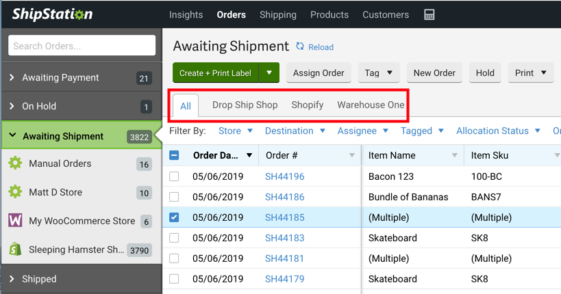 Orders tab. Red box highlights example of Saved Views: Drop Ship Shop, Shopify, & Warehouse 1