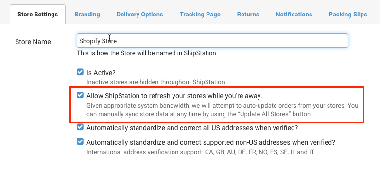 Store settings page with the option to periodically update stores while you are away outlined.