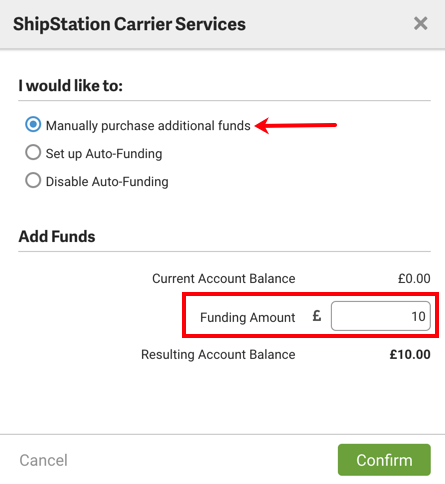 ShipStation Carrier Services popup. Red arrow points to Manually purchase additional funds option. Box highlights Funding Amount field.