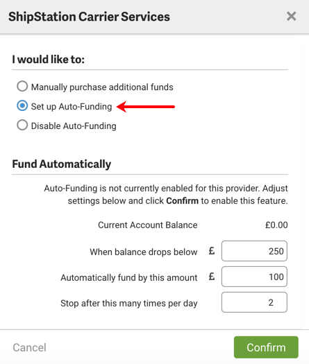 Settings popup for Stamps.com. Red arrow points to Set up Auto-funding option.