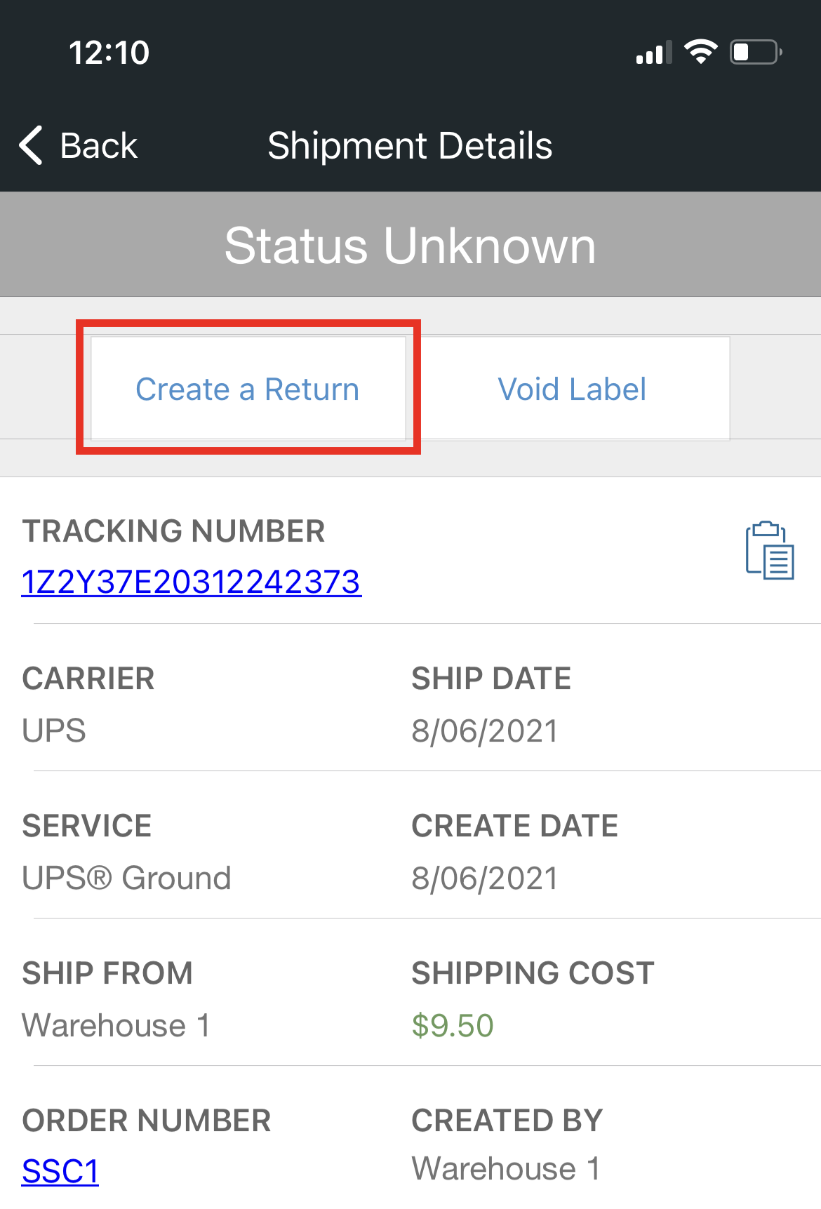 Mobile create return button in shipment details