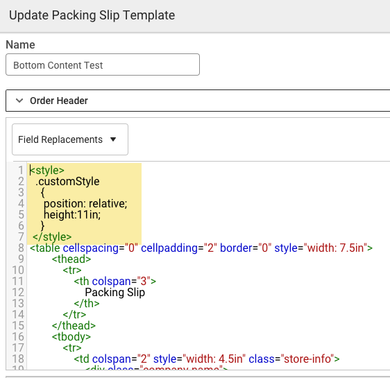 Packing Slip HTML: custom style CSS snippet highlighted in the Order Header section