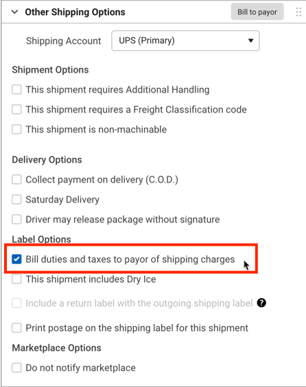 V3 Orders tab Sidebar, Other Shipping Options section, red outline around Bill duties and taxes to payor option