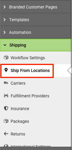 Settings Sidebar Shipping section with Ship From Location option highighted.