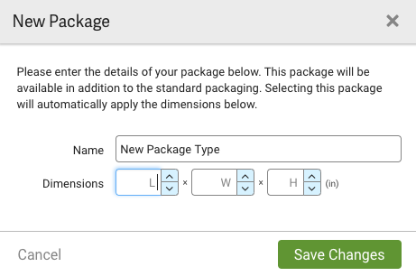 New Package popup. Has Name field & Dimensions dropdown menus. Save Changes button.