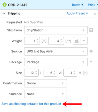 Configure Shipment Widgent. Red arrow points to Save as shipping defaults for this product link