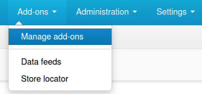 CS-Cart Add-ons menu open with "Manage add-ons" option selected