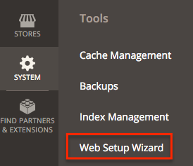 Magento v2 System Menu with Web Setup Wizard option highlighted.