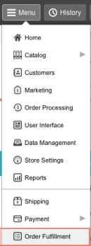 Miva menu with Order Fulfillment option highlighted.