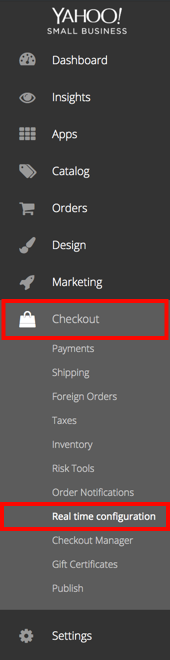 Yahoo sidemenu with Checkout and real time configuration options highlighted.