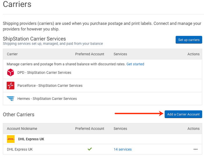Carriers Settings page. Arrow points to Add a Carrier Account button.