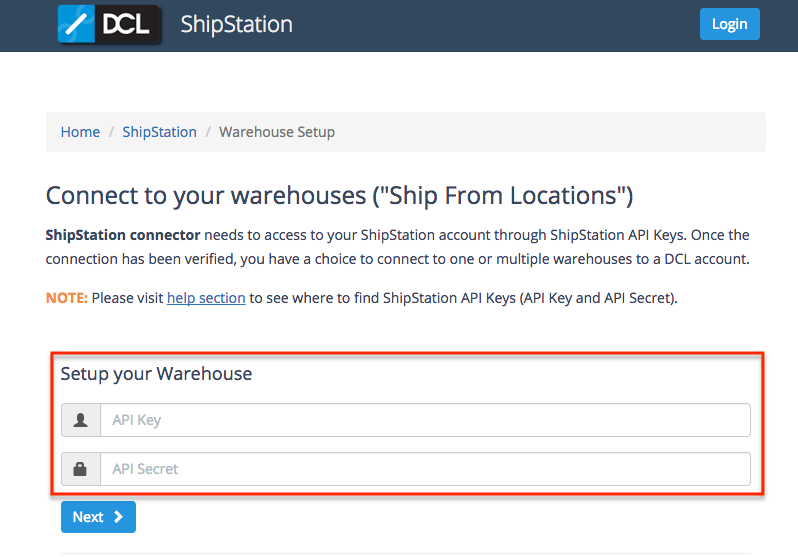 DCL connect your warehouse with Setup your Warehouse form highlighted.