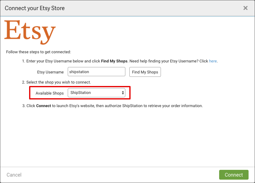Connect your Etsy Store form with Available shops drop-down highlighted.