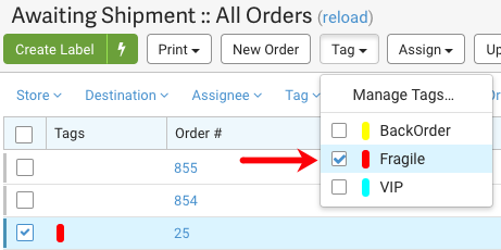Closeup of Tag dropdown. Red arrow points to 'Fragile' tag option