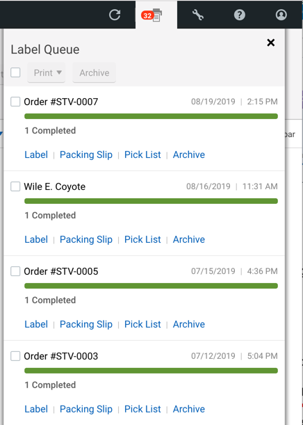 shows Label Queue with Order numbers, & available actions